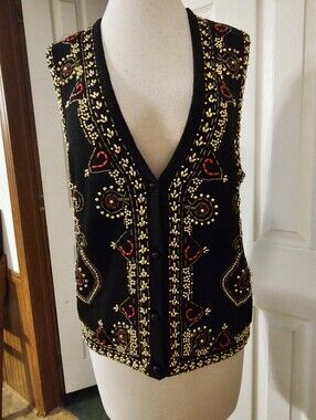 SML Sport Black Beaded Embellished Vest with Red and Gold Accents